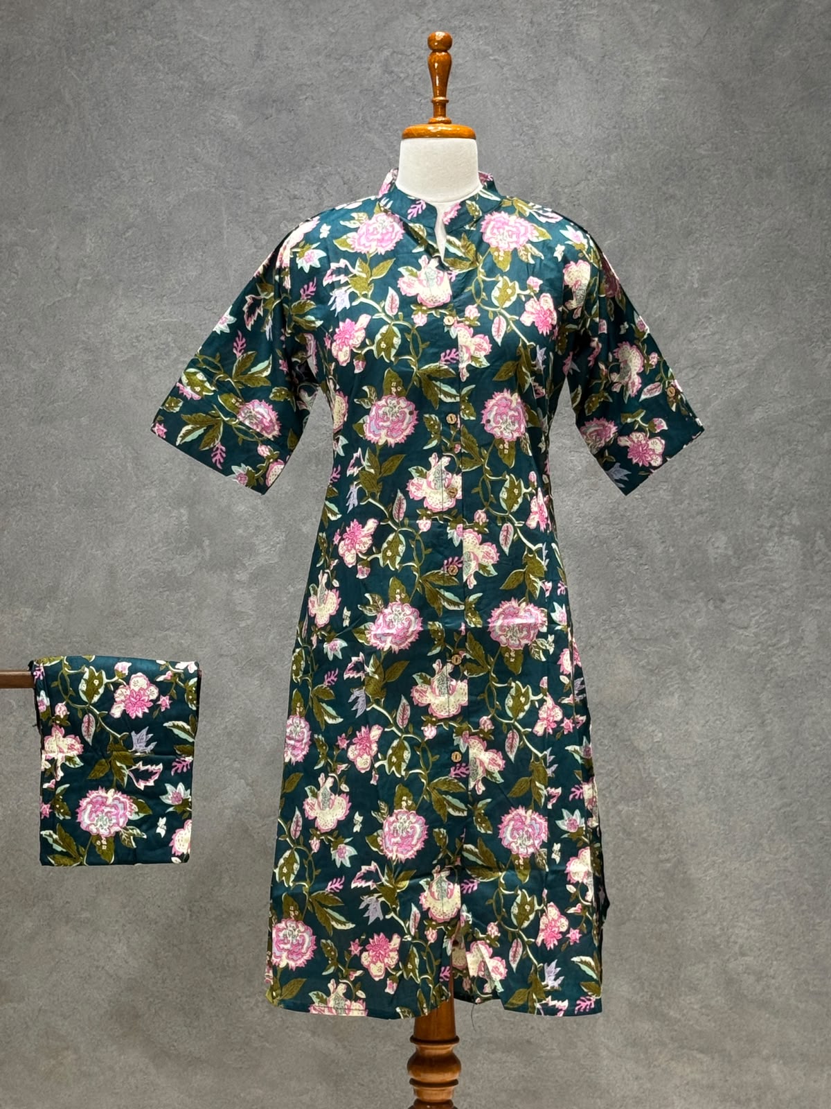 TEAL FLORAL PRINTED COTTON BLEND KURTI SET
