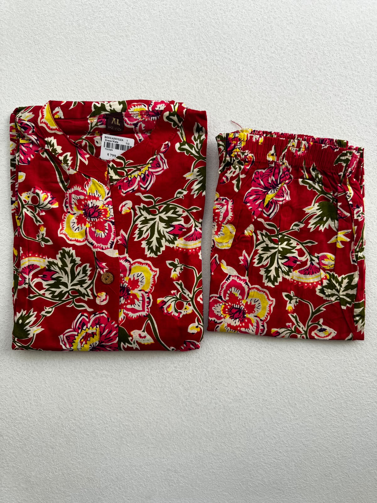 CHERRY RED FLORAL PRINTED COTTON BLEND KURTI SET