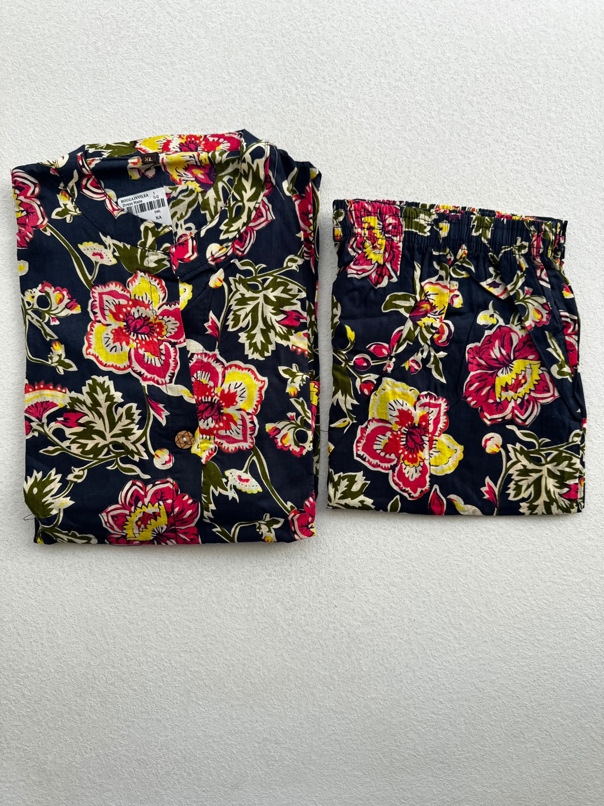 NAVY BLUE FLORAL PRINTED COTTON BLEND KURTI SET