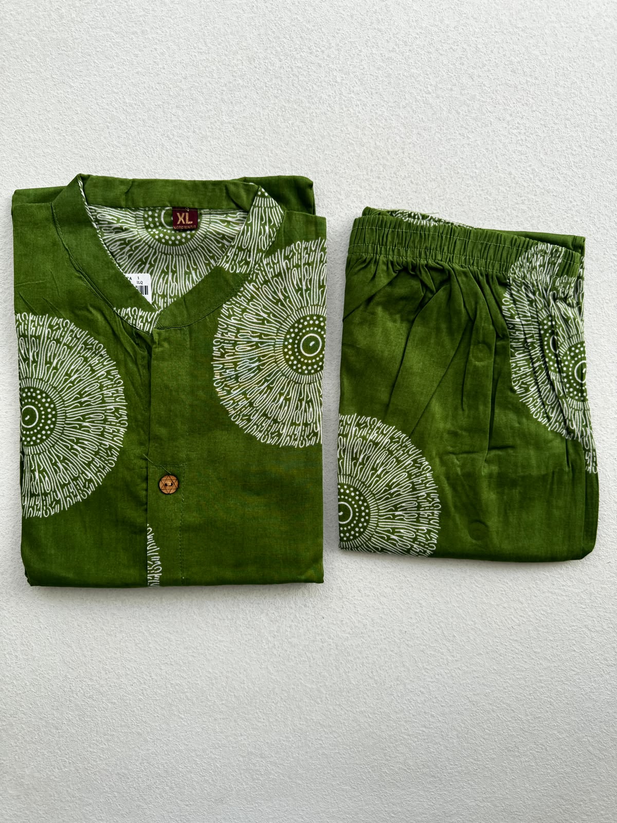 OLIVE GREEN PRINTED COTTON BLEND KURTI SET