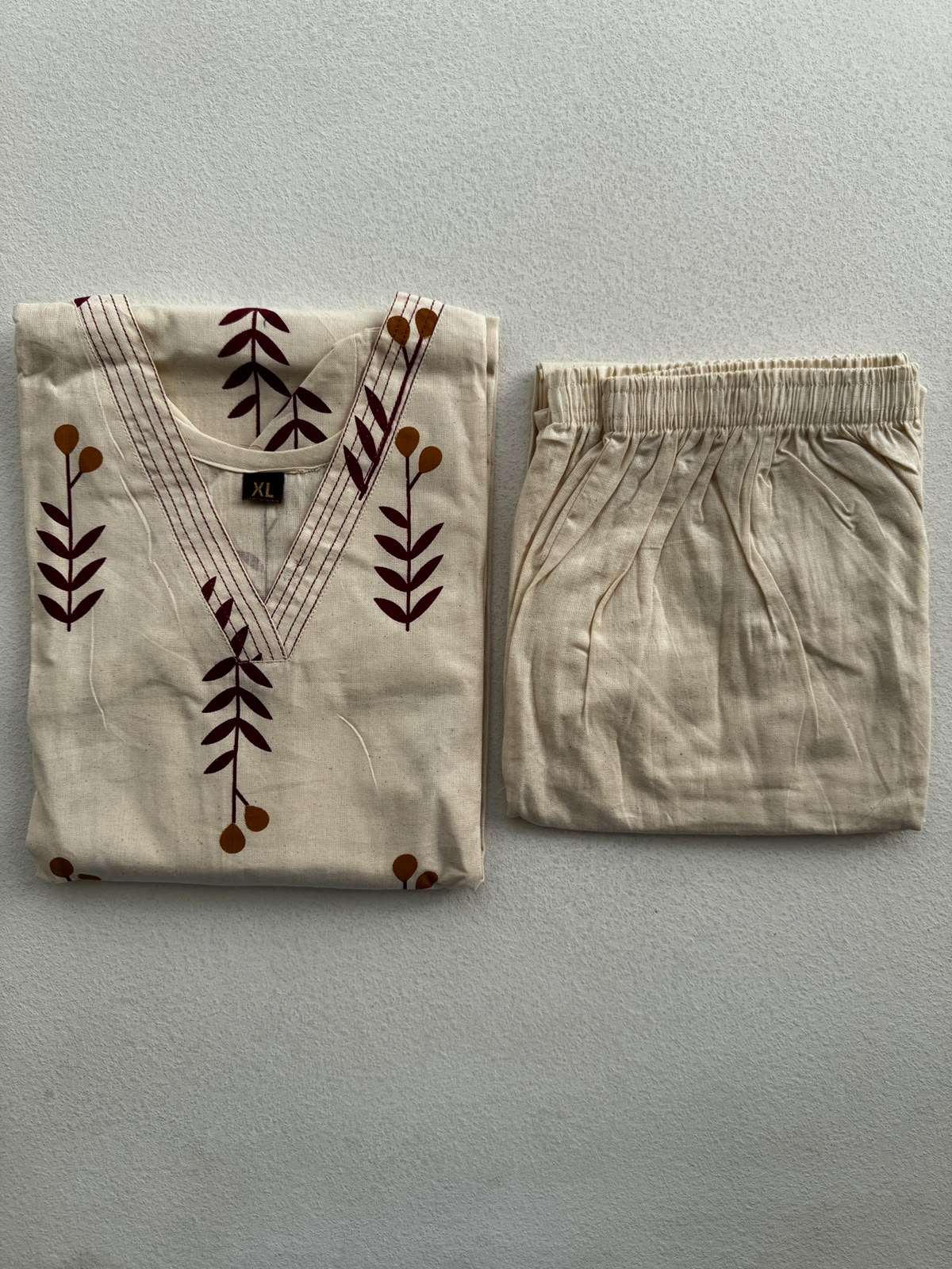 IVORY MAROON & MUSTARD LEAF PRINTED COTTON KURTI SET