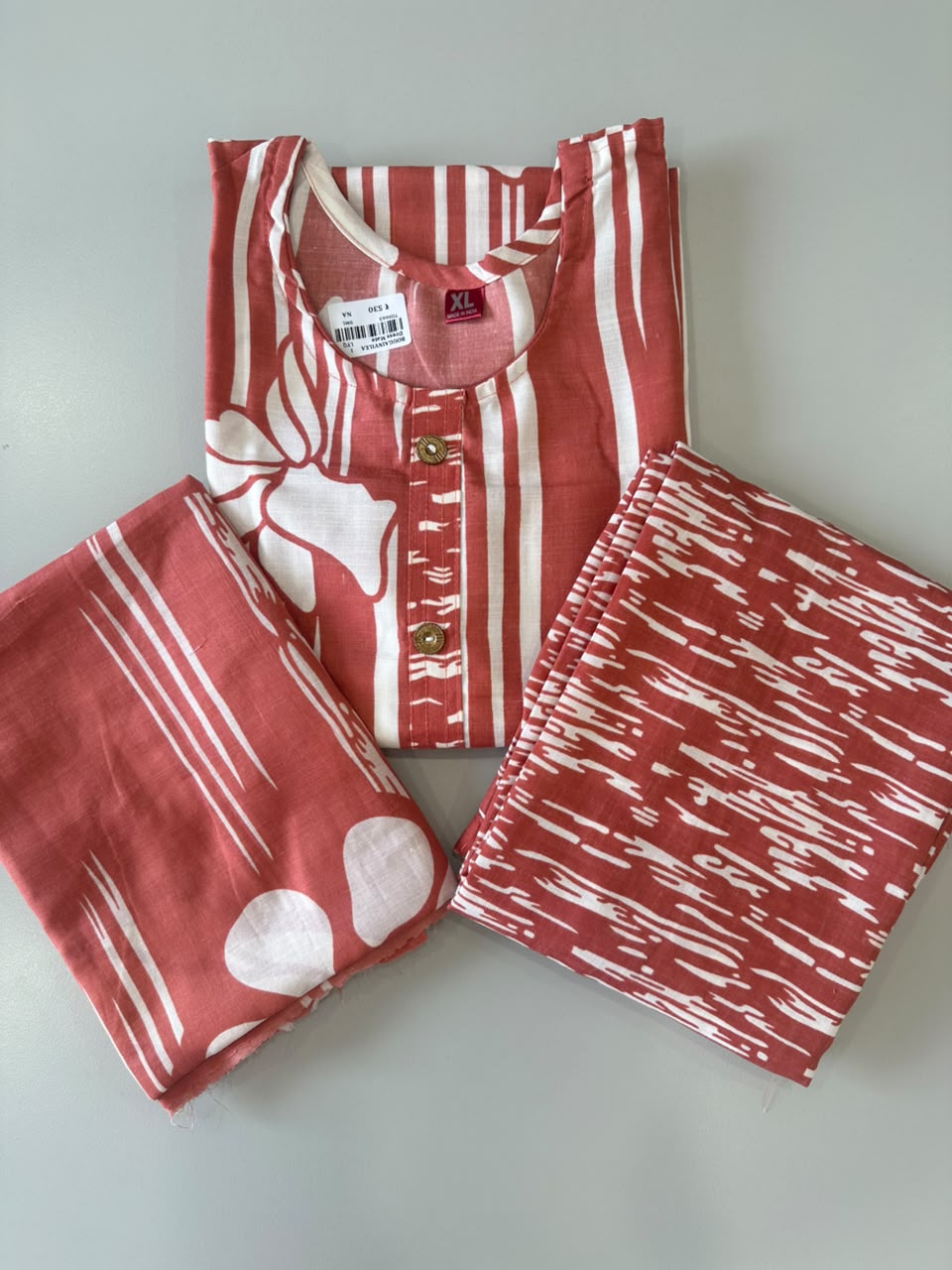 RUST RED FLORAL STRIPED PRINTED COTTON-BLEND SALWAR SET
