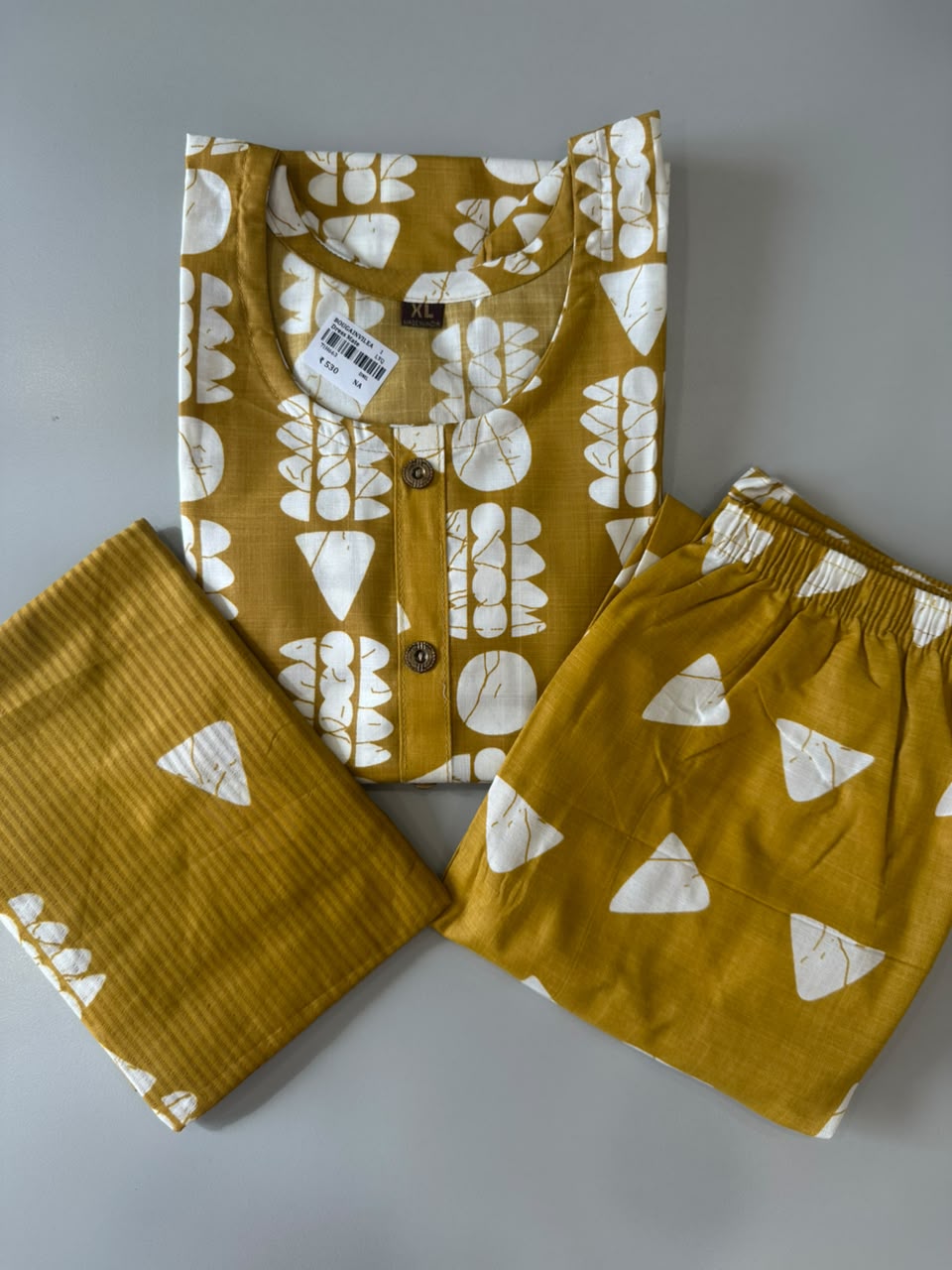 MUSTARD YELLOW ABSTRACT FLORAL PRINTED COTTON-BLEND SALWAR SET