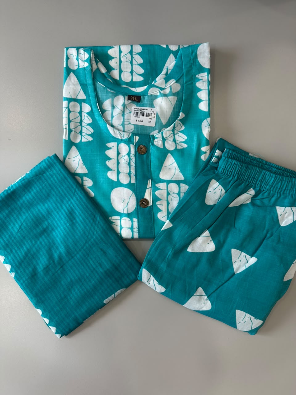 TURQUOISE BLUE ABSTRACT FLORAL PRINTED COTTON-BLEND SALWAR SET