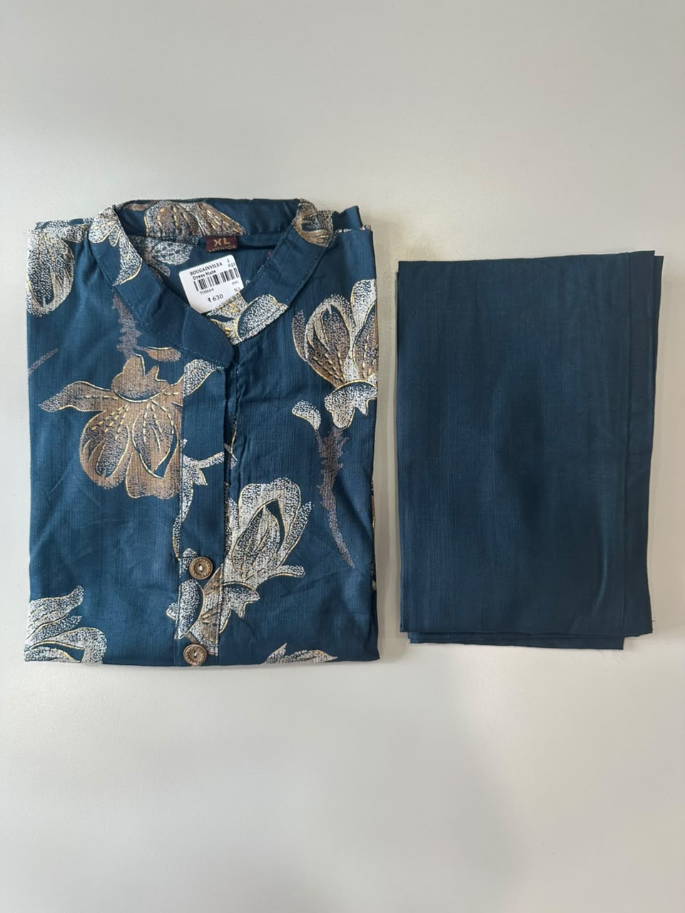 NAVY BLUE FLORAL PRINTED VATICAN SILK KURTI SET
