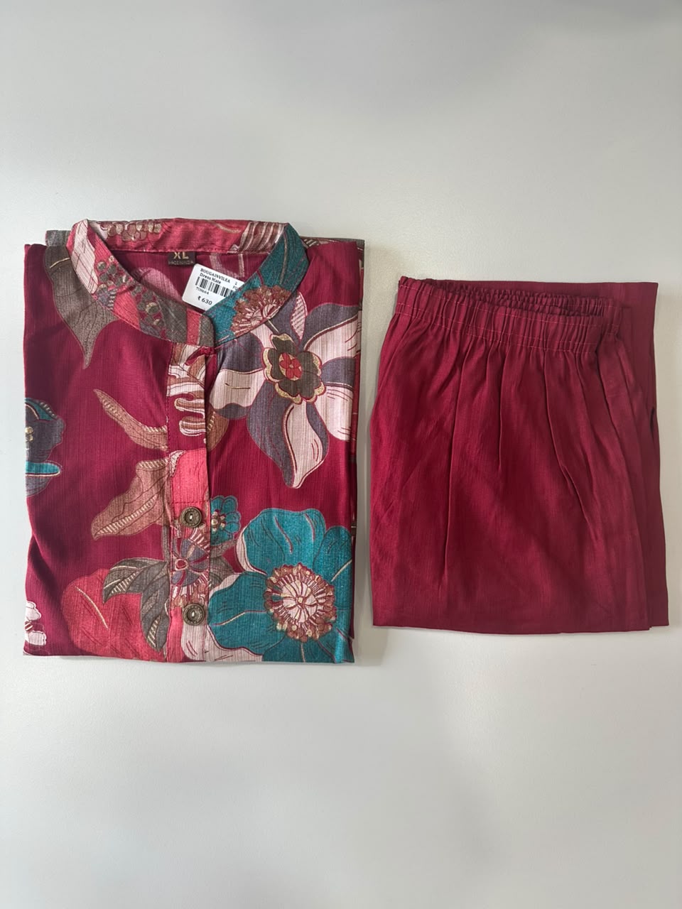 MAROON FLORAL PRINTED VATICAN SILK KURTI SET