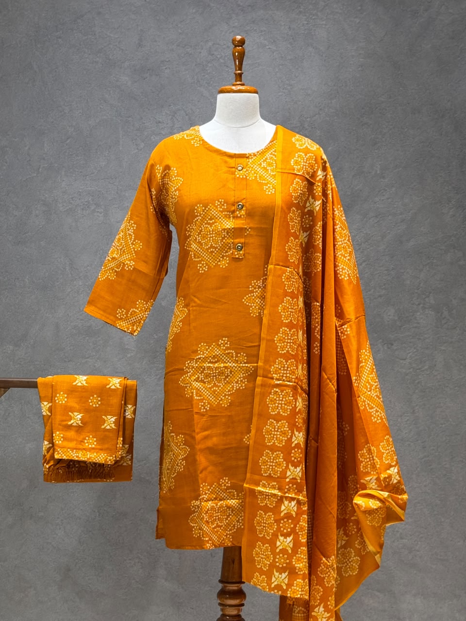 MUSTARD ORANGE BANDHANI PRINTED COTTON-BLEND SALWAR SET