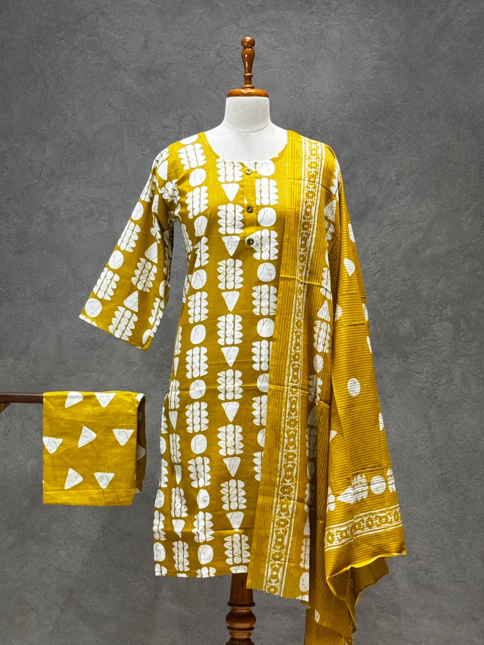 MUSTARD YELLOW ABSTRACT FLORAL PRINTED COTTON-BLEND SALWAR SET