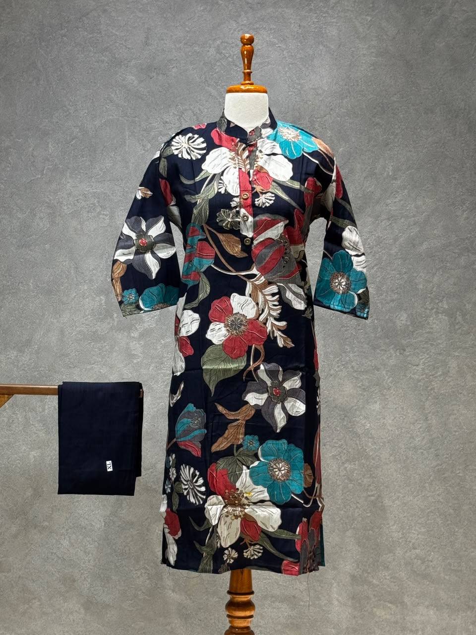 NAVY BLUE FLORAL PRINTED VATICAN SILK KURTI SET