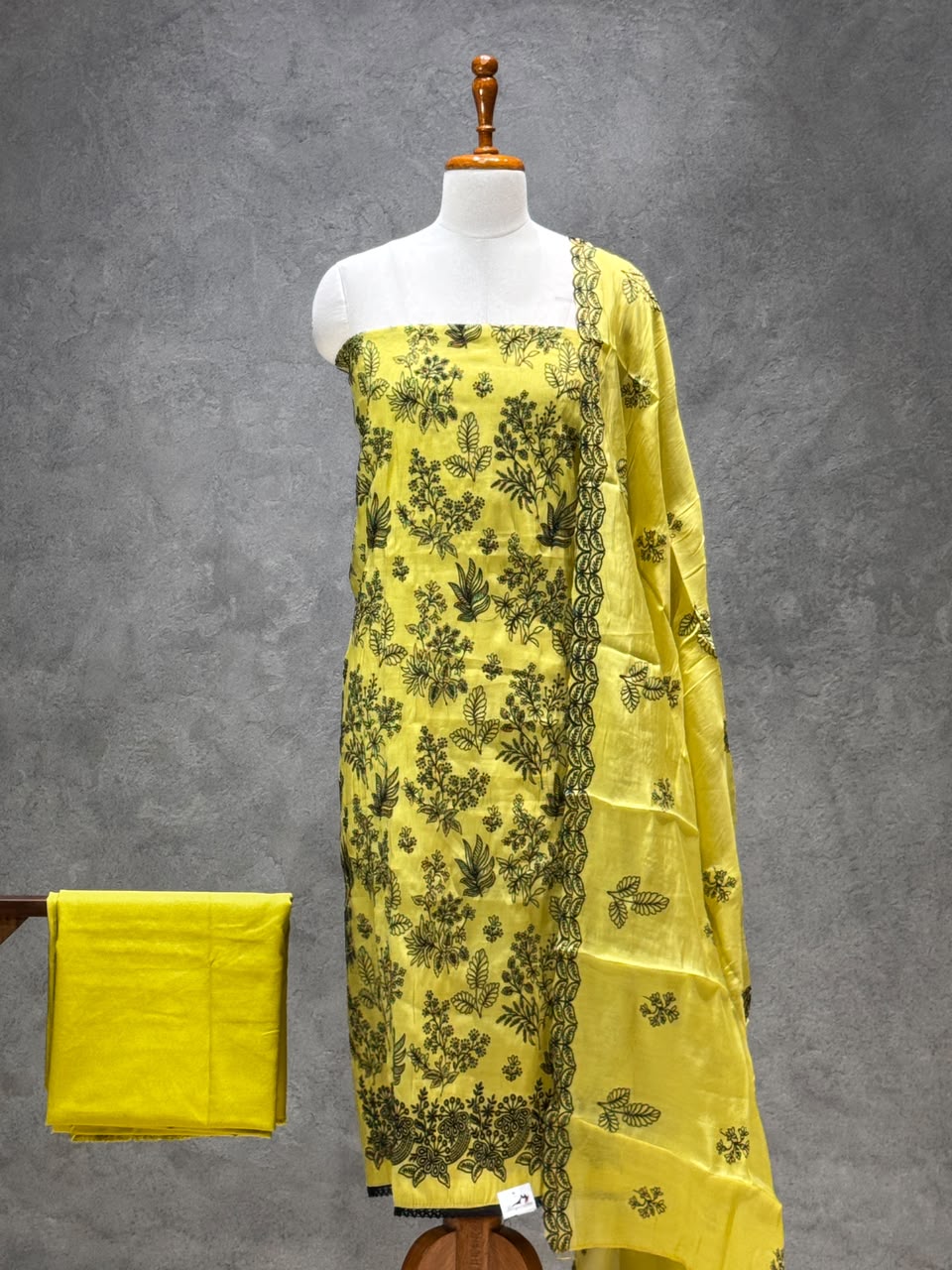 YELLOW FLORAL PRINT SILK SALWAR MATERIAL SET