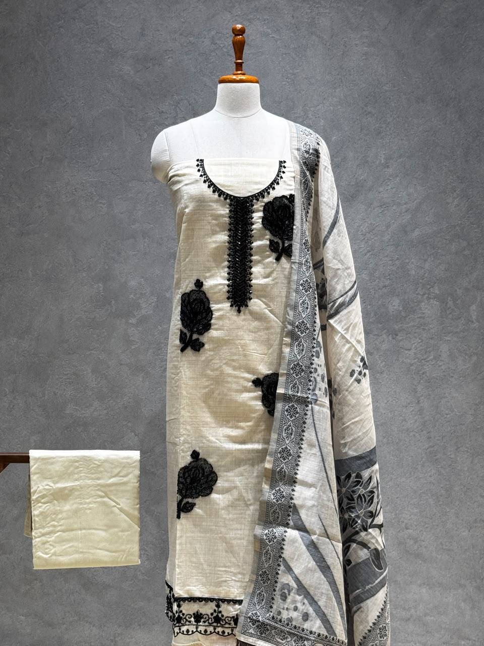 BLACK FLORAL EMBROIDERED CREAM SILK SALWAR MATERIAL SET