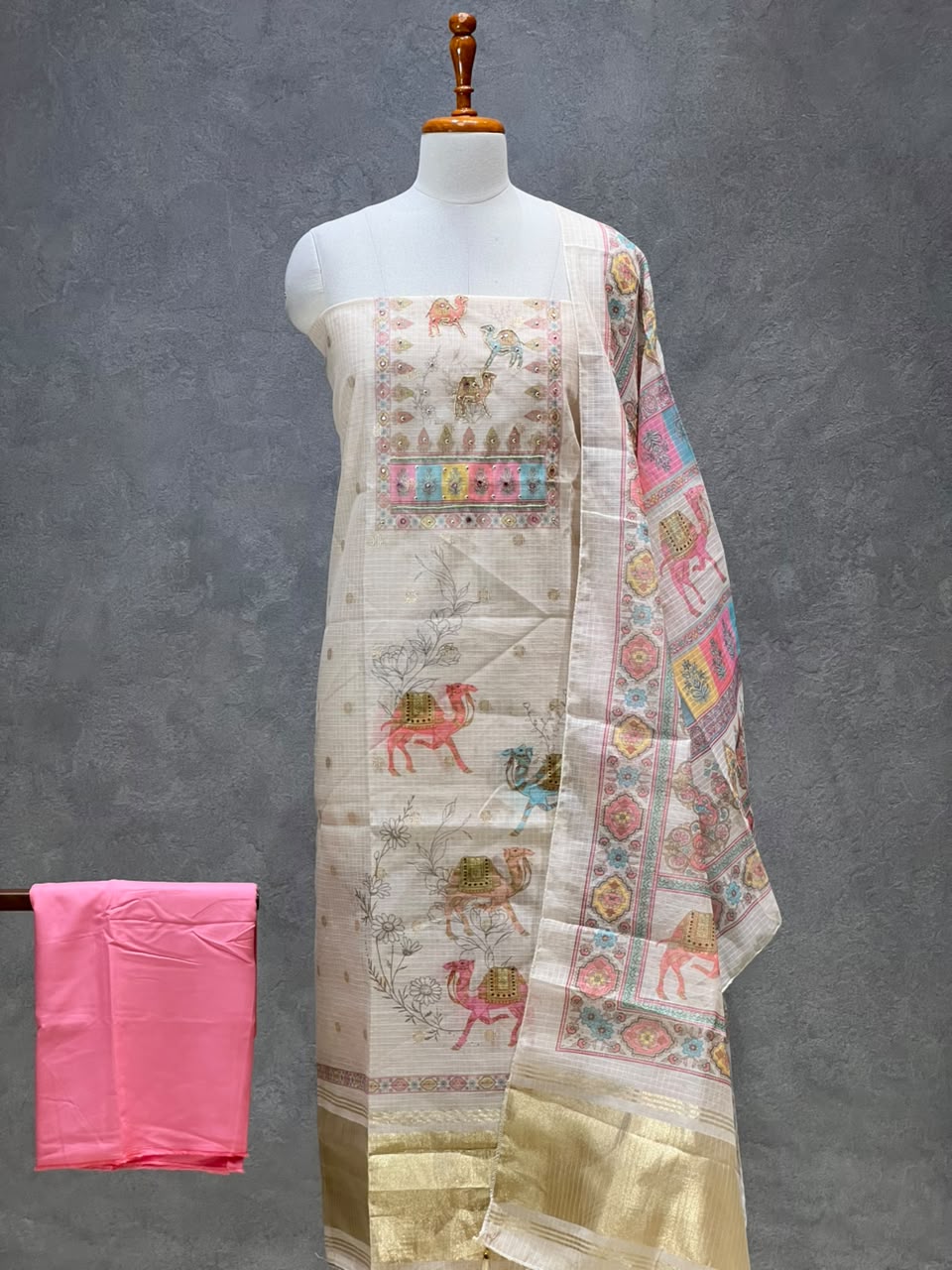 CAMEL PRINT MULTICOLOUR SILK SALWAR MATERIAL SET