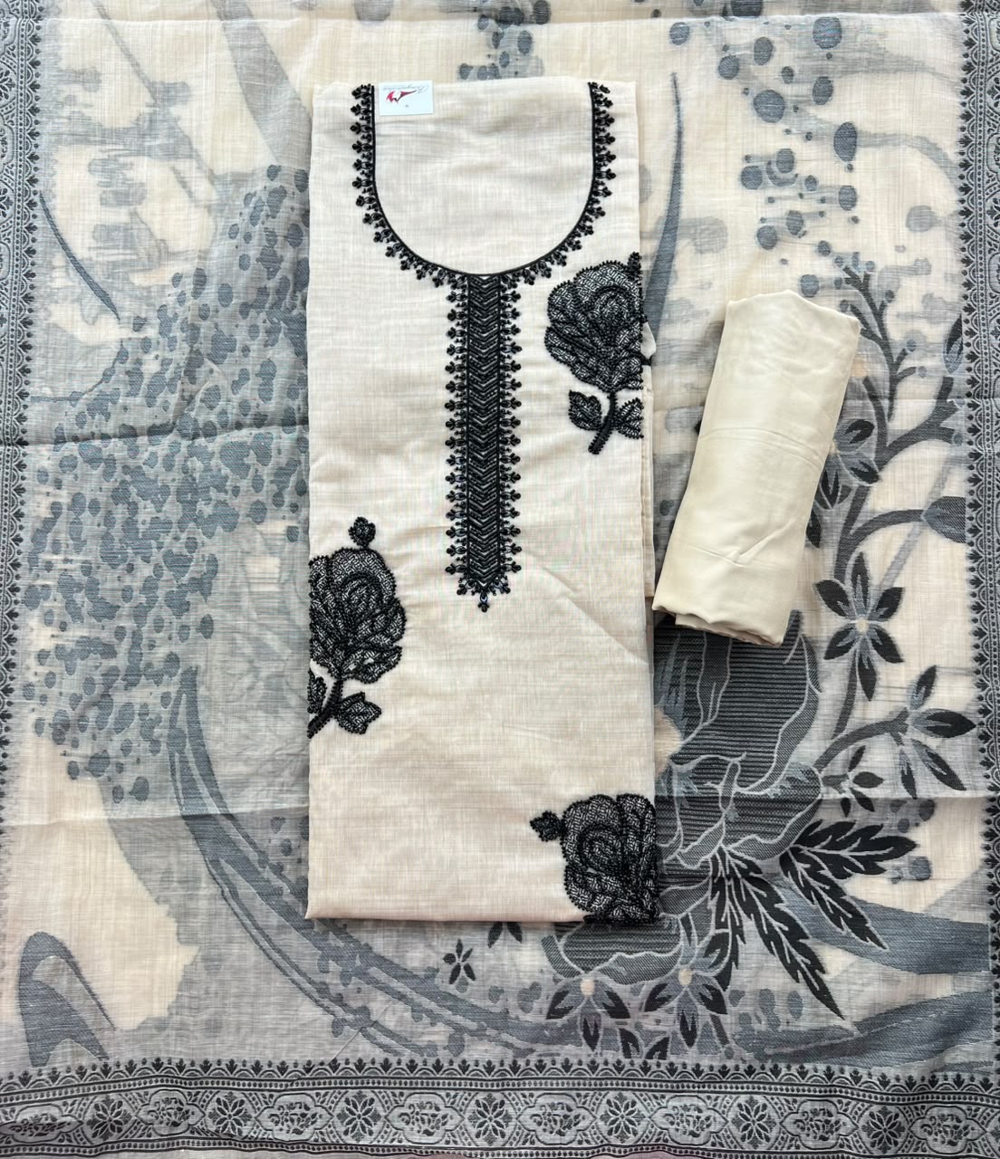 BLACK FLORAL EMBROIDERED CREAM SILK SALWAR MATERIAL SET