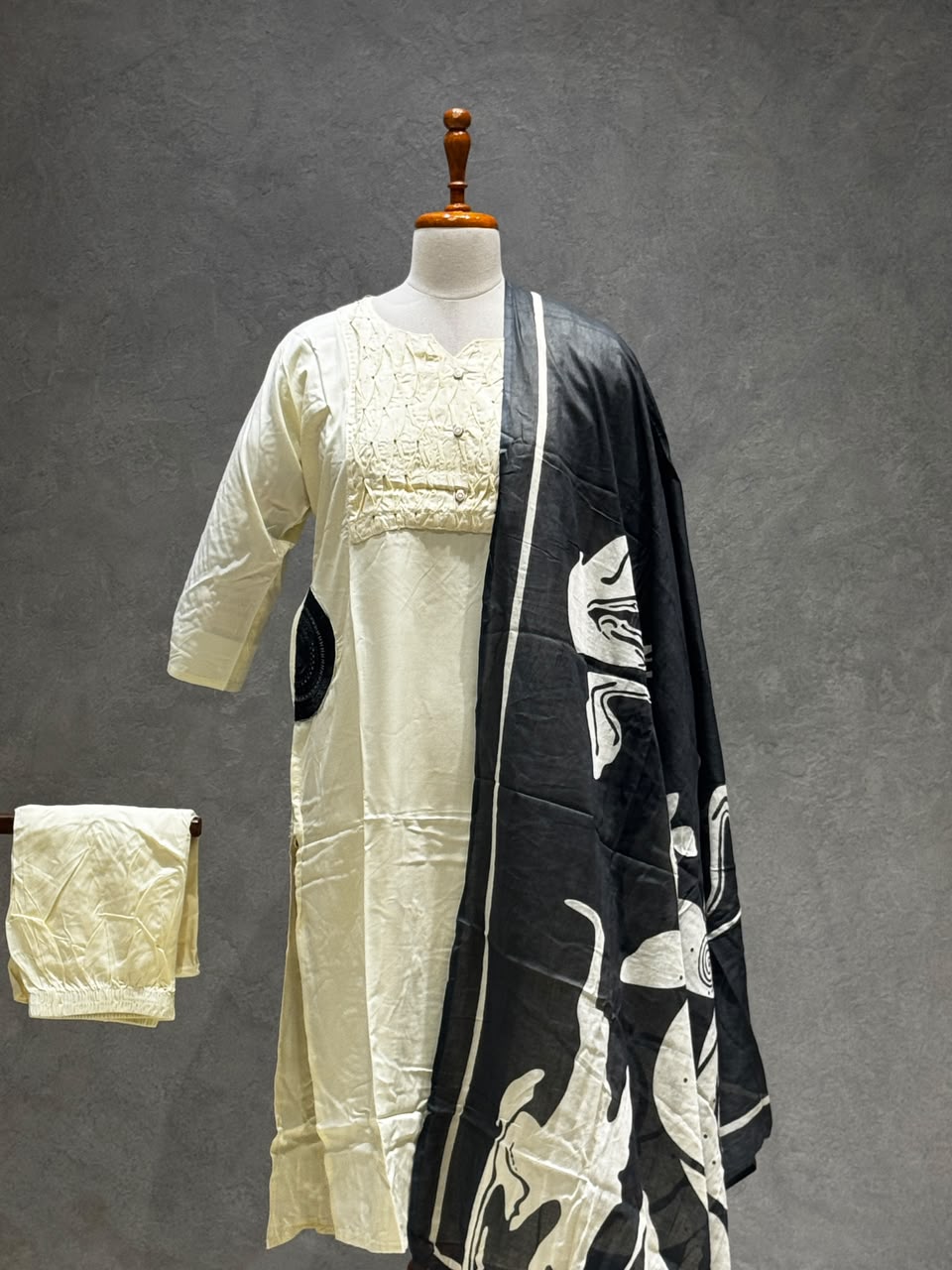 IVORY SALWAR SET WITH BLACK PRINTED SHAWL