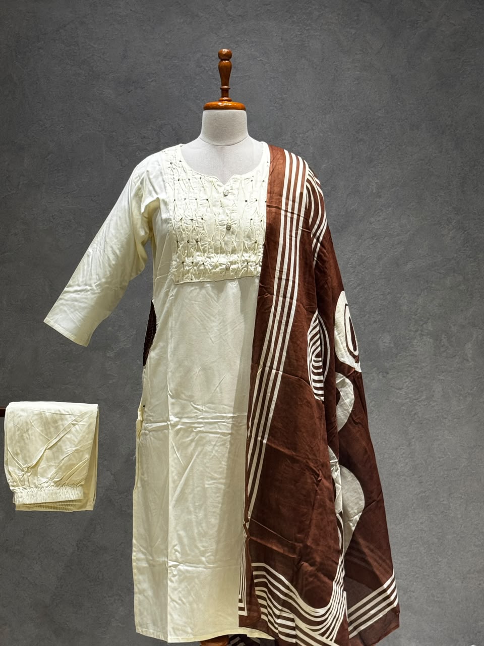 IVORY SALWAR SET WITH BROWN PRINTED SHAWL