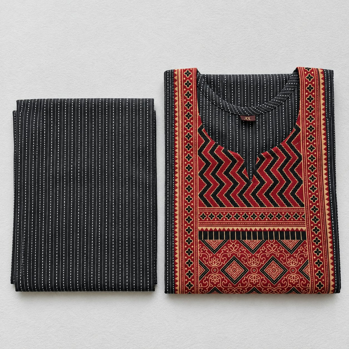KANTHA KURTHI SET (GREY GEOMETRIC)