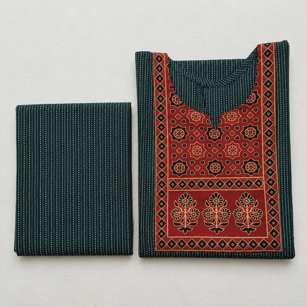 KANTHA KURTHI SET (GREEN FLORAL)