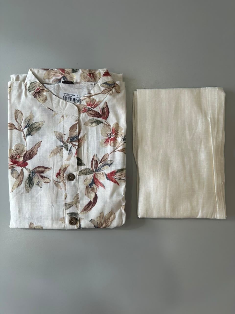 IVORY FLORAL PRINTED VATICAN SILK KURTI SET