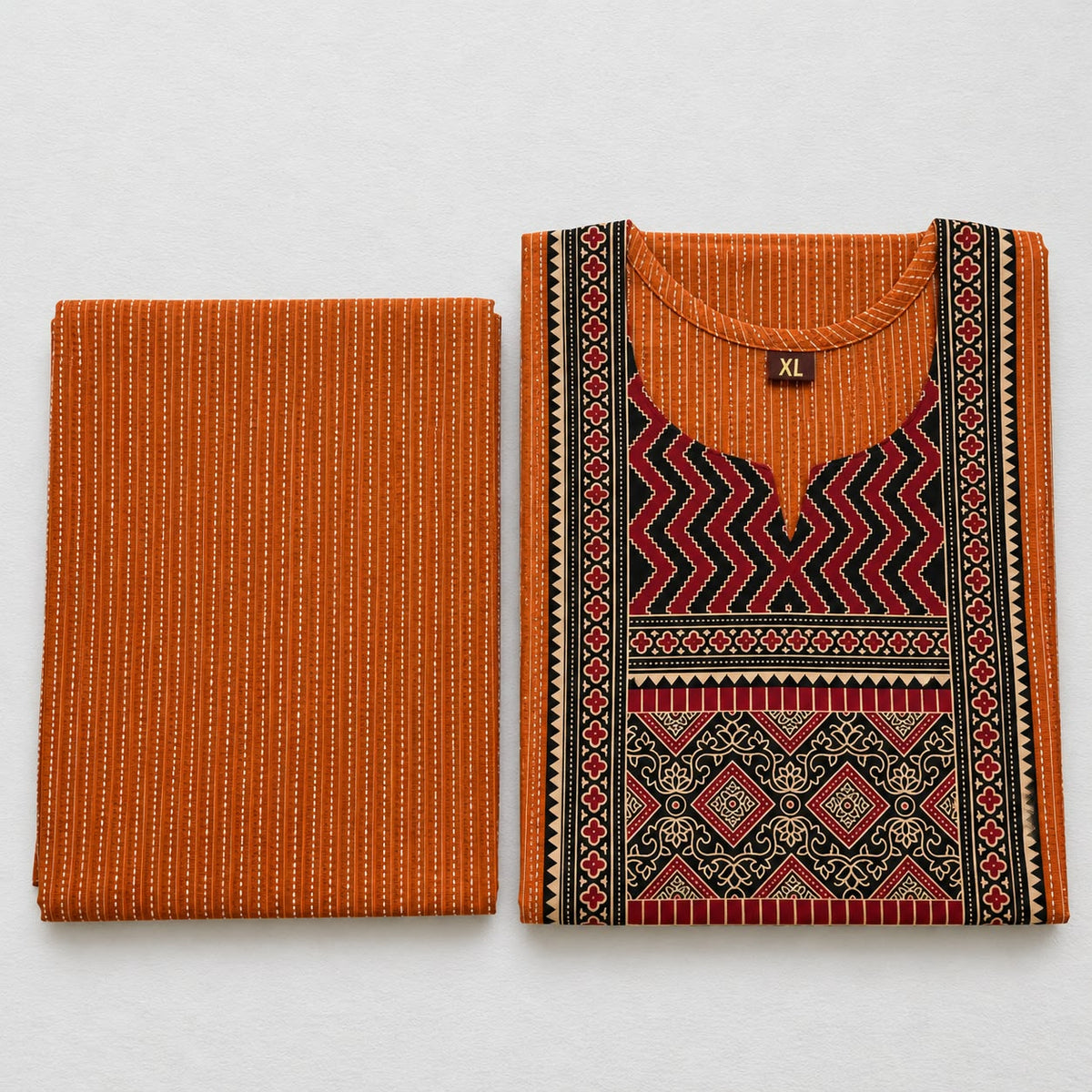 KANTHA KURTHI SET (ORANGE GEOMETRIC)
