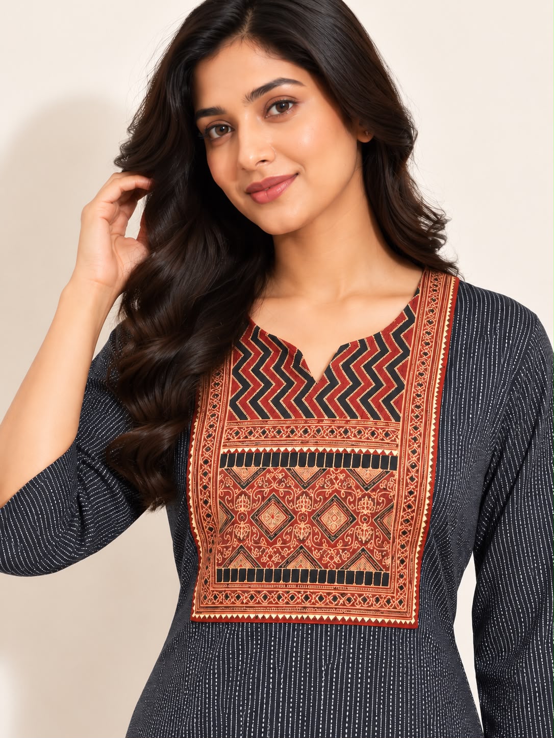 KANTHA KURTHI SET (GREY GEOMETRIC)