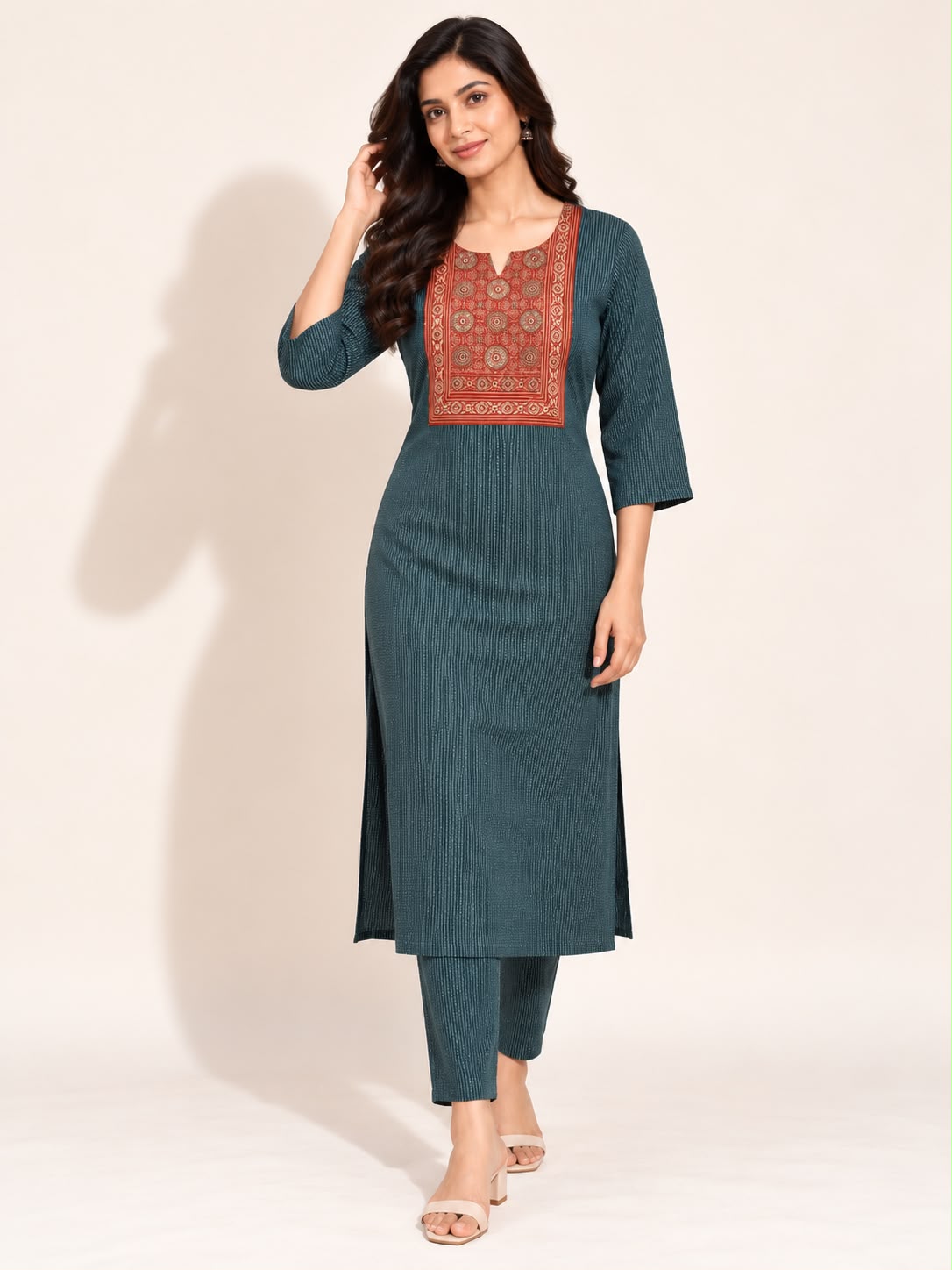 KANTHA KURTHI SET (GREEN AJRAKH)