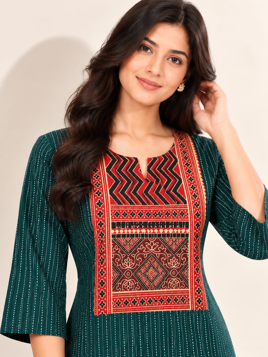KANTHA KURTHI SET (GREEN GEOMETRIC)