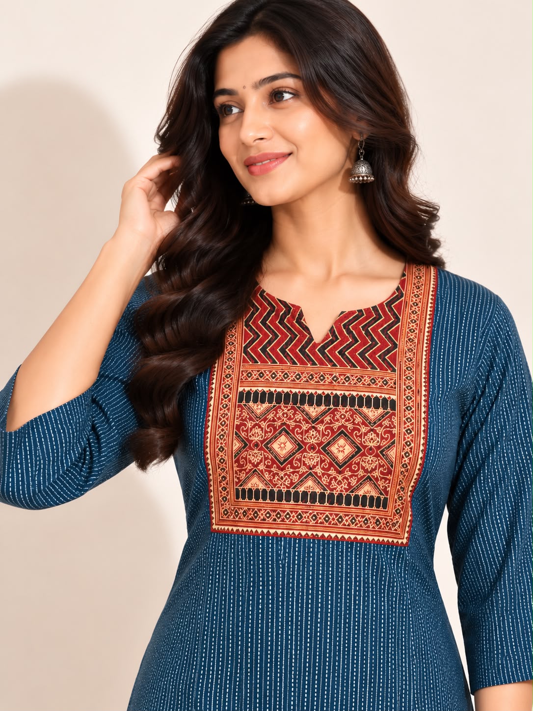 KANTHA KURTHI SET (BLUE GEOMETRIC)