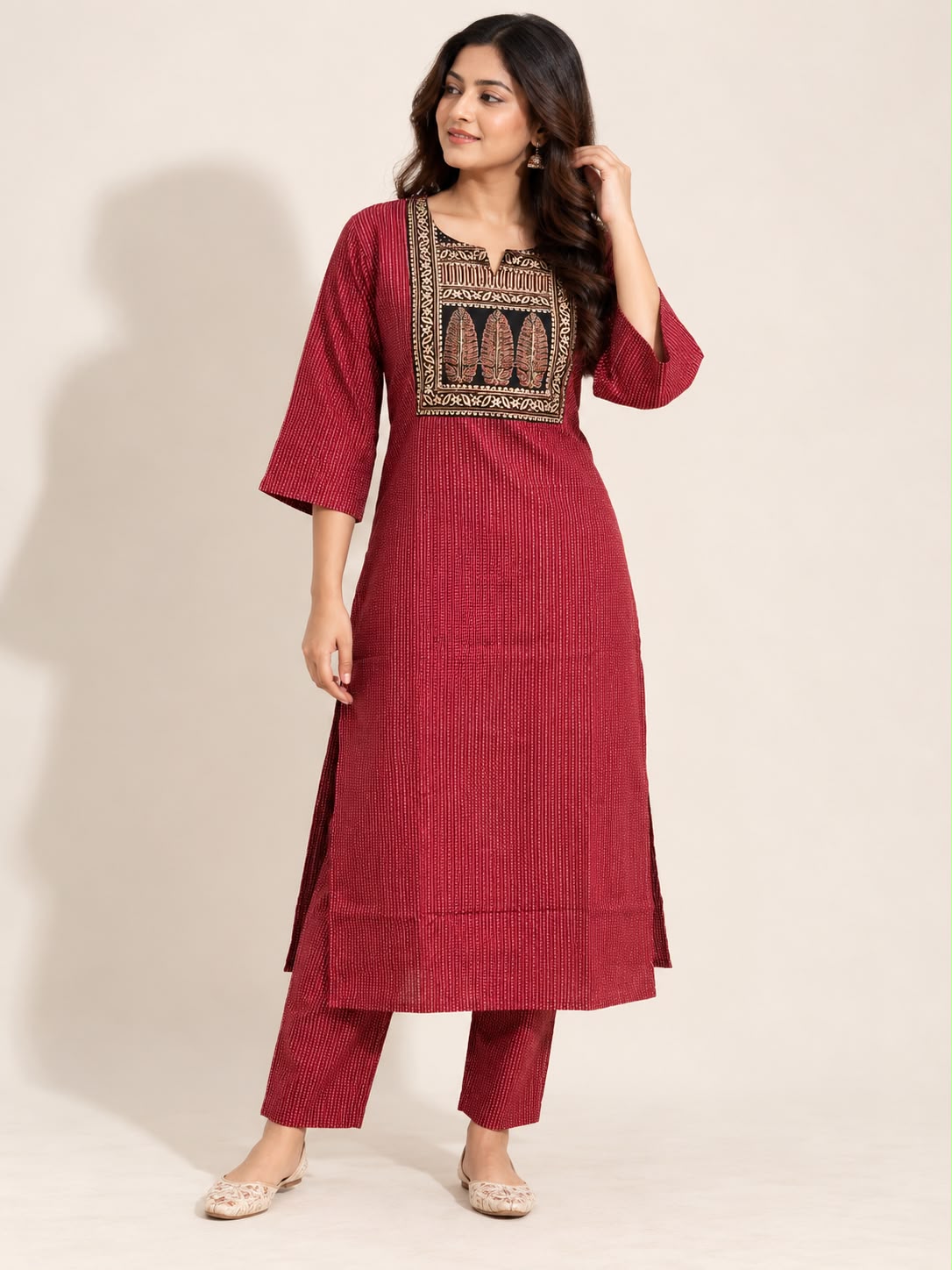 KANTHA KURTHI SET (RED LEAF)