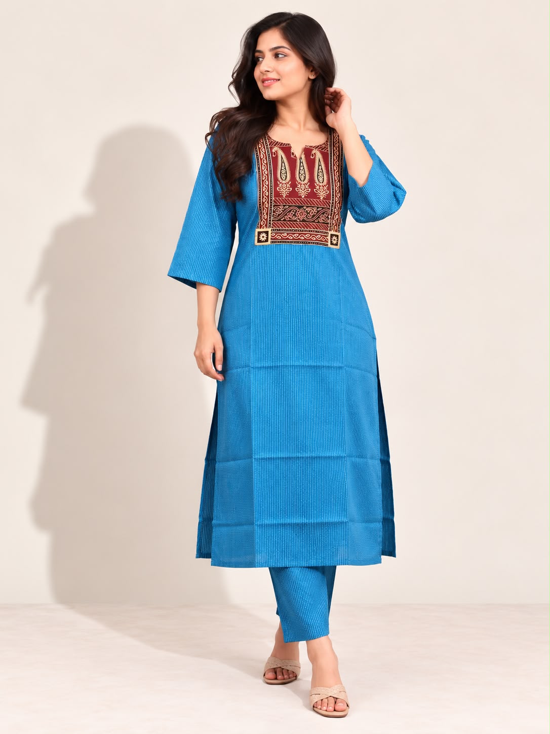 KANTHA KURTHI SET (SKY BLUE REED)