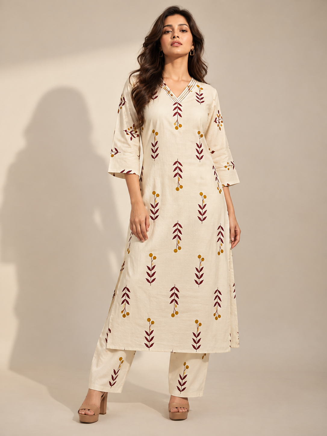 IVORY MAROON & MUSTARD LEAF PRINTED COTTON KURTI SET