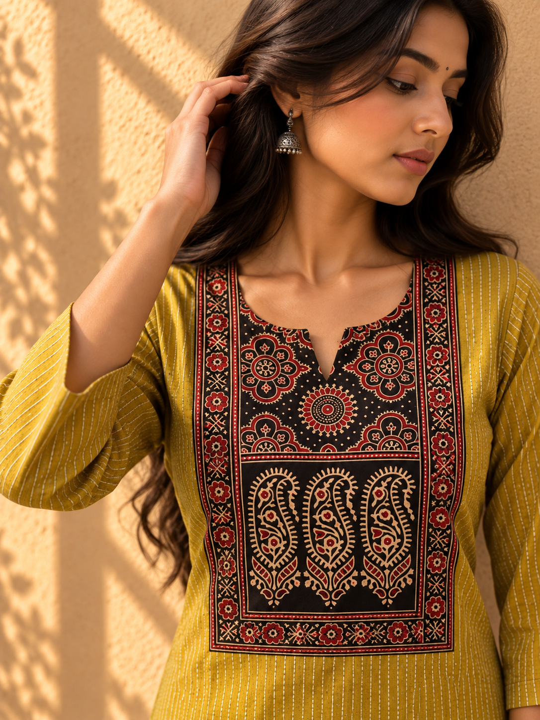 KANTHA KURTHI SET (MUSTARD MANGO)