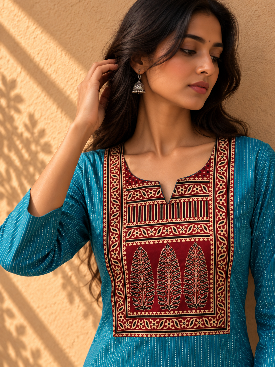 KANTHA KURTHI SET (DARK CYAN LEAF)