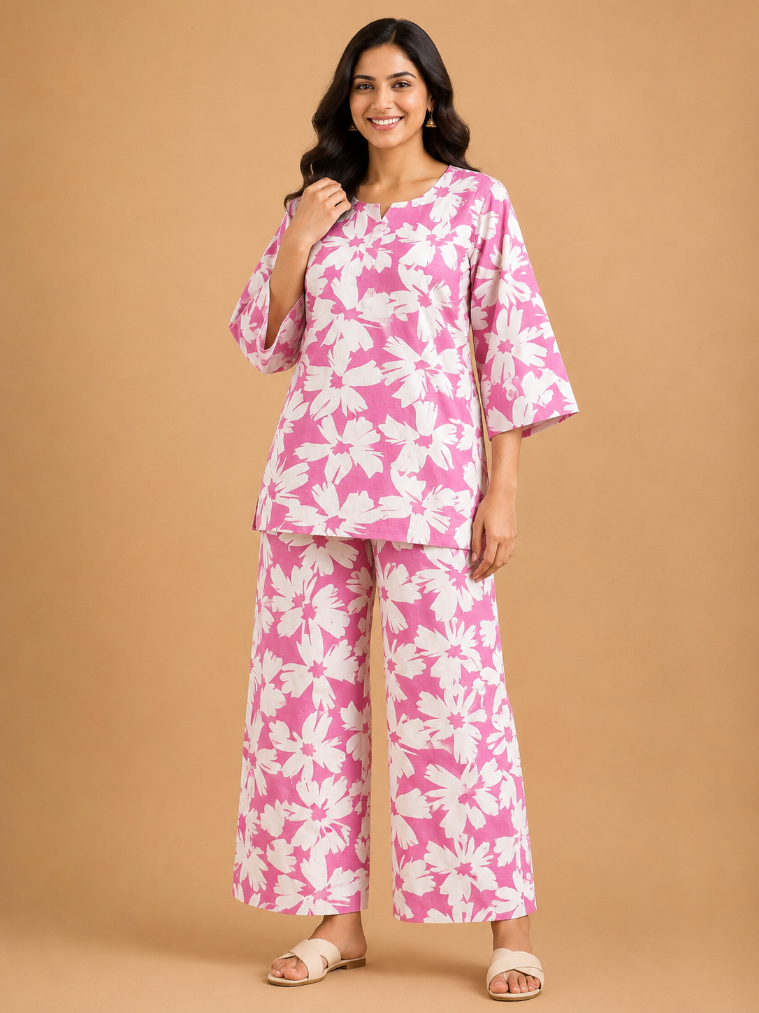 SOFT PINK COTTON FLORAL PRINT CASUAL WEAR
