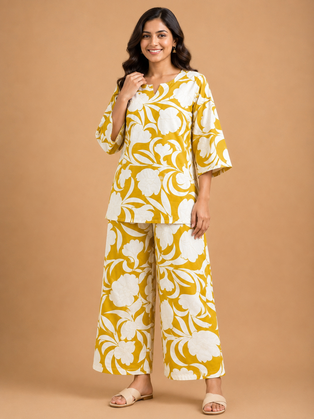 OCHRE YELLOW COTTON FLORAL PRINT CASUAL WEAR