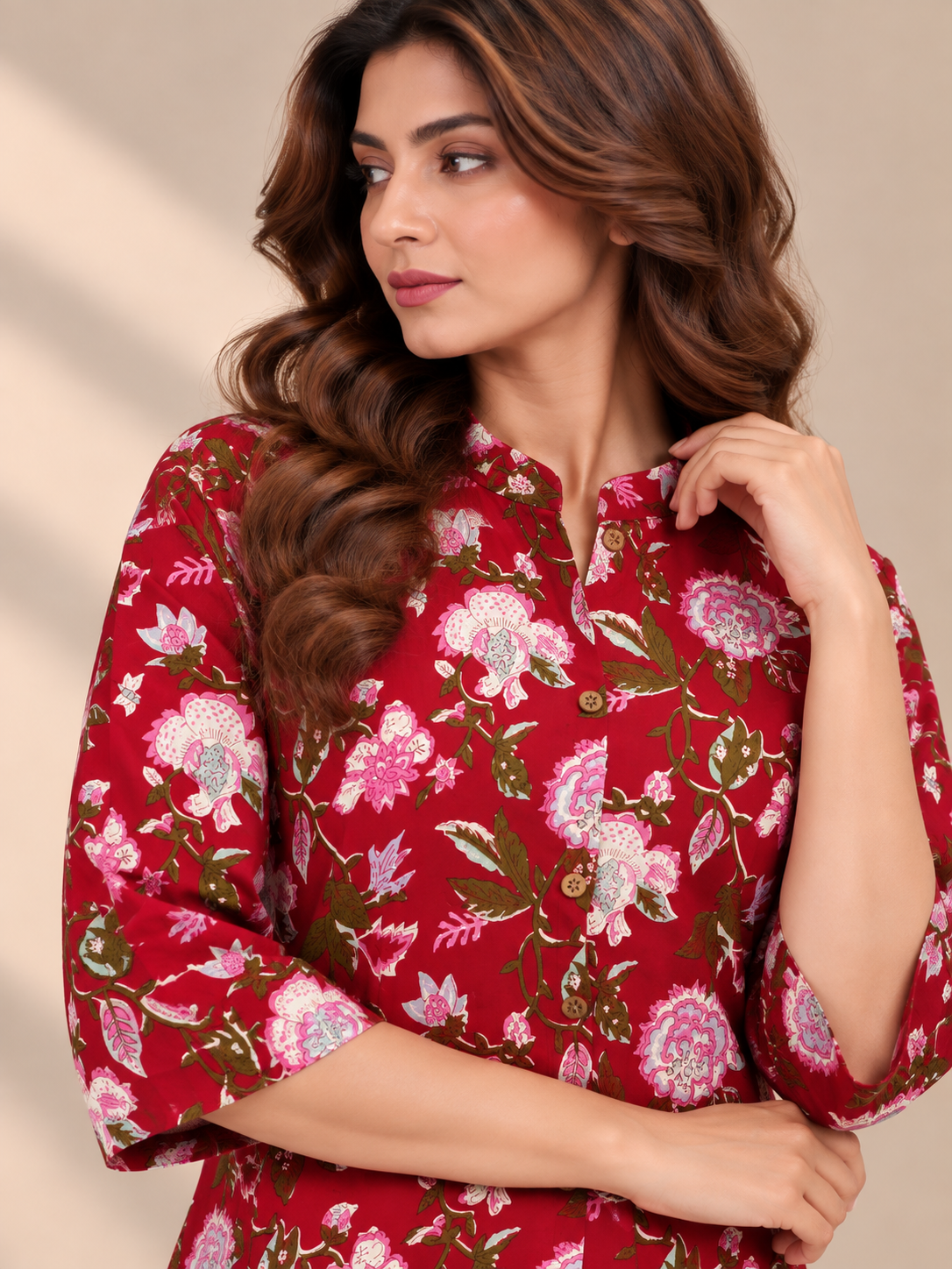 RED FLORAL PRINTED COTTON BLEND KURTI SET
