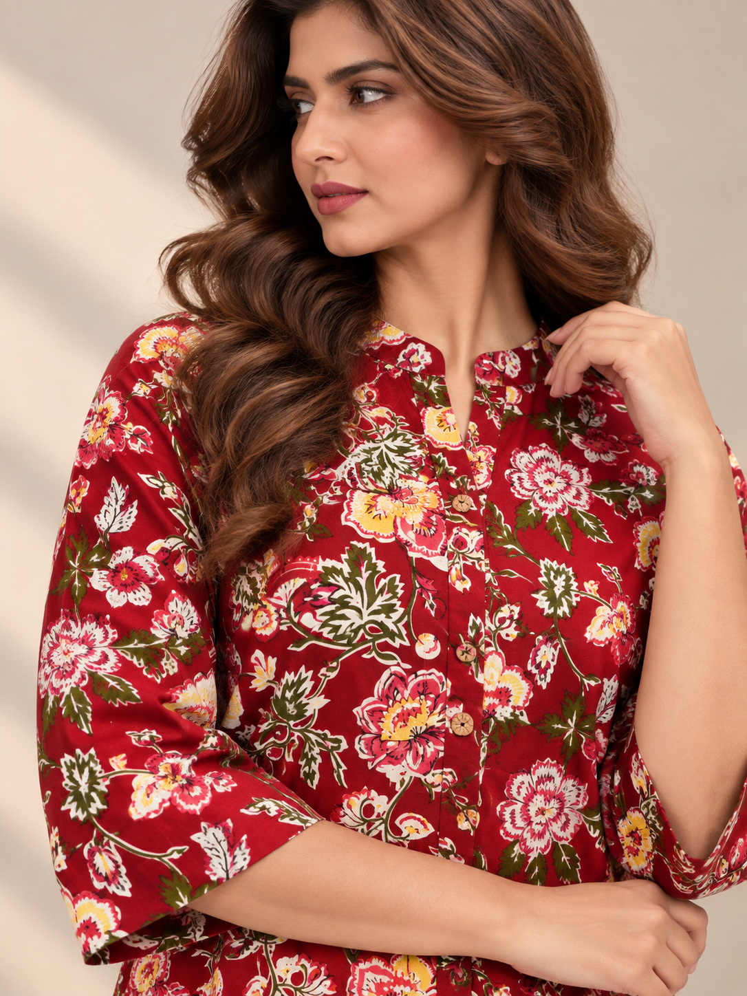 CHERRY RED FLORAL PRINTED COTTON BLEND KURTI SET
