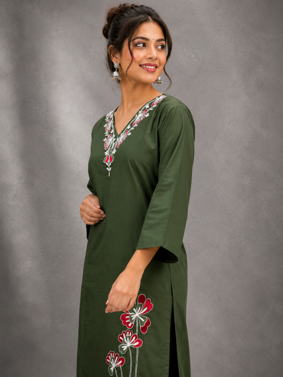 DHABU COTTON KURTHI SET (DARK OLIVE GREEN)