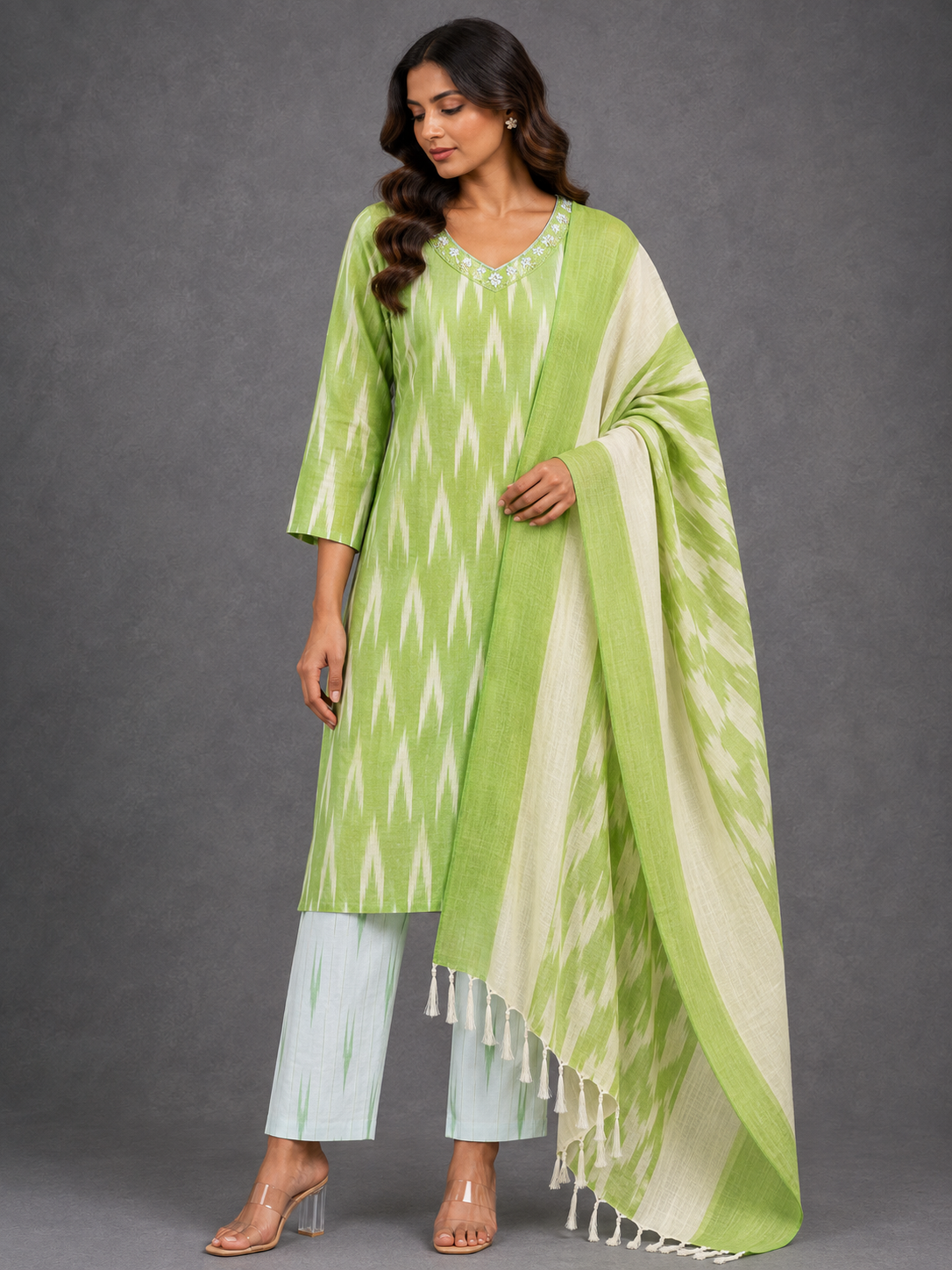 GREEN IKAT HANDLOOM COTTON SUIT SET