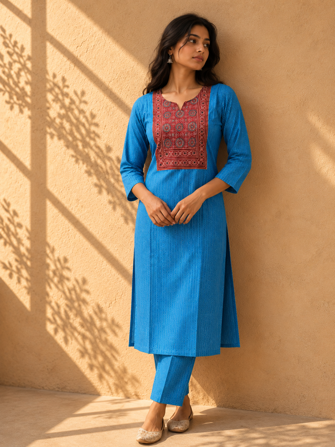 KANTHA KURTHI SET (BLUE AJRAKH)