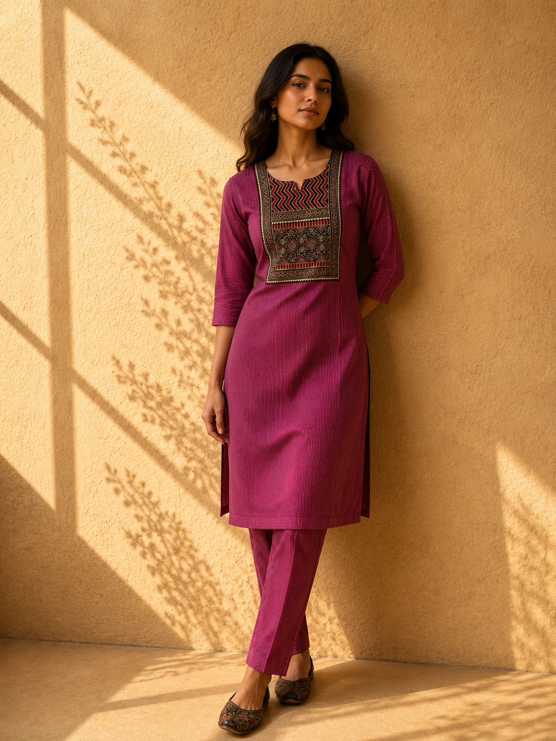 KANTHA KURTHI SET (PINK GEOMETRIC)