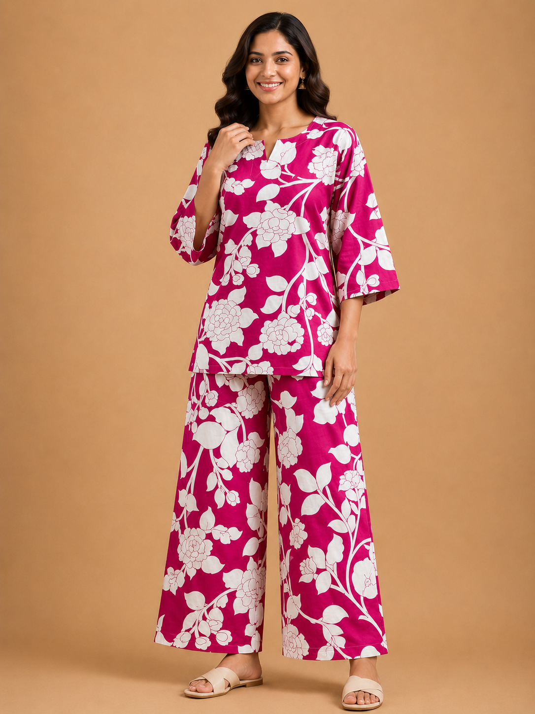 VIVID PINK COTTON FLORAL PRINT CASUAL WEAR