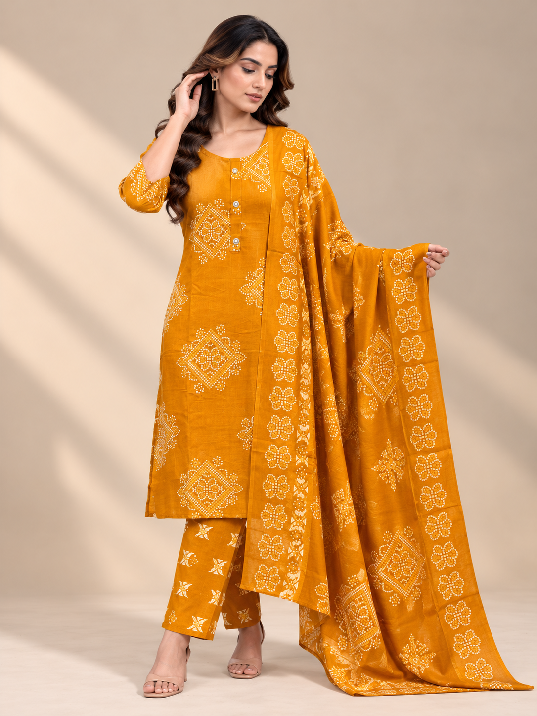 MUSTARD ORANGE BANDHANI PRINTED COTTON-BLEND SALWAR SET