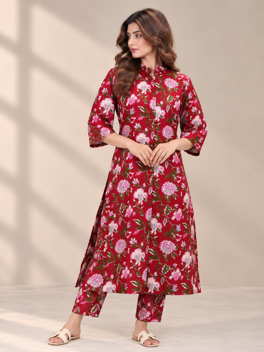 RED FLORAL PRINTED COTTON BLEND KURTI SET