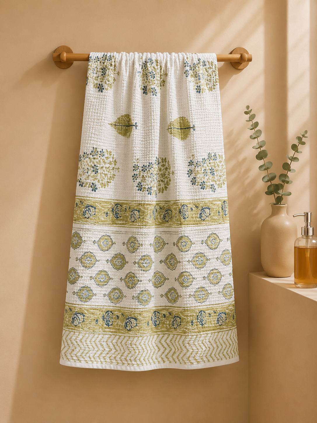 COTTON WAFFLE BATH TOWEL – IVORY WHITE WITH OLIVE GREEN FLORAL PRINT