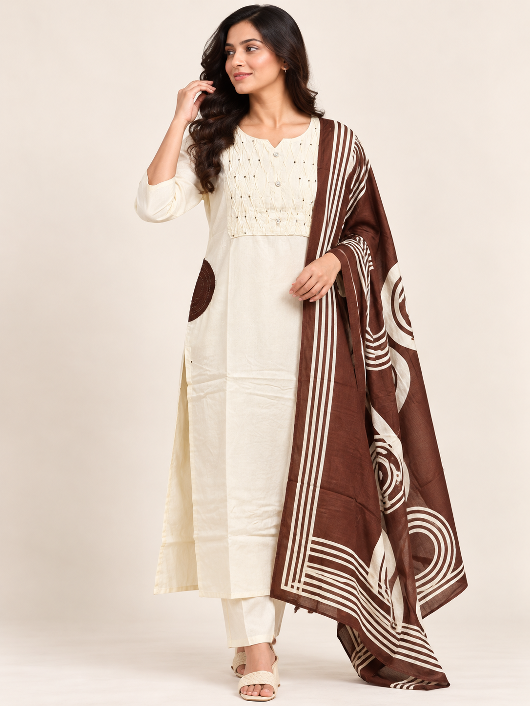 IVORY SALWAR SET WITH BROWN PRINTED SHAWL