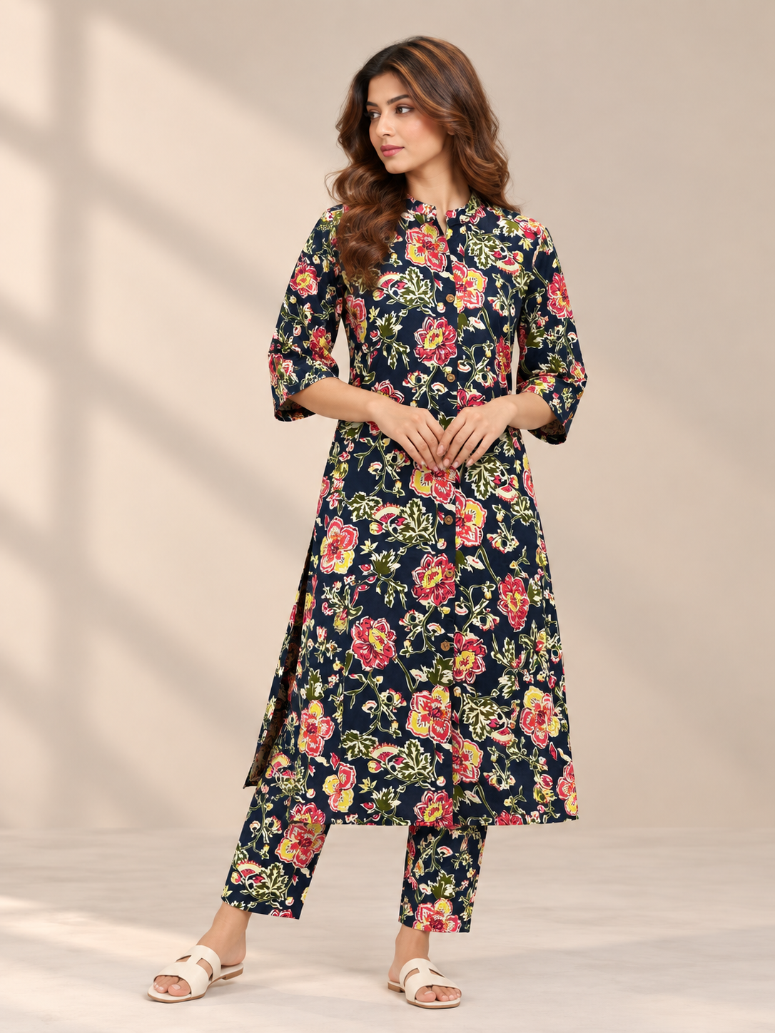 NAVY BLUE FLORAL PRINTED COTTON BLEND KURTI SET