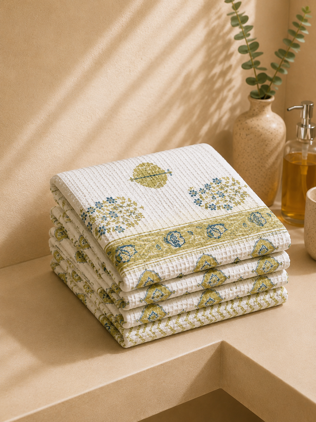 COTTON WAFFLE BATH TOWEL – IVORY WHITE WITH OLIVE GREEN FLORAL PRINT