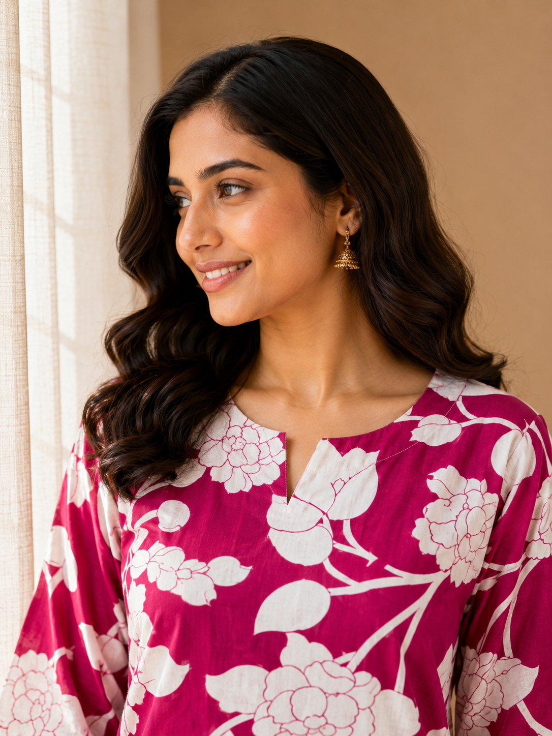 VIVID PINK COTTON FLORAL PRINT CASUAL WEAR