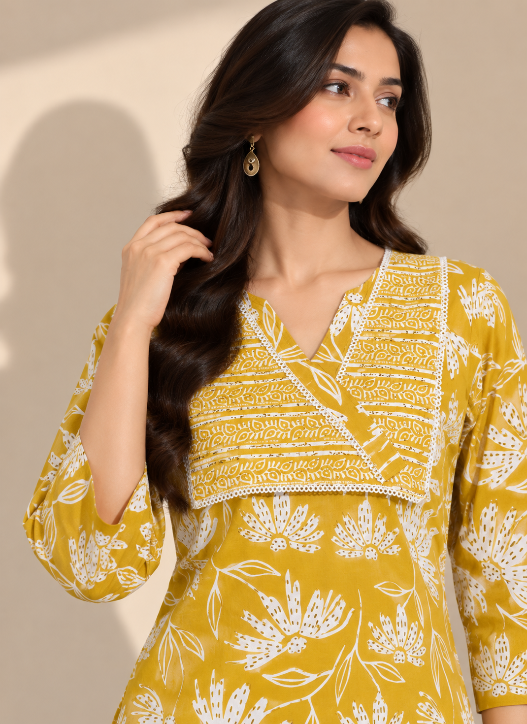 MUSTARD FLORAL PRINTED COTTON BLEND KURTI SET