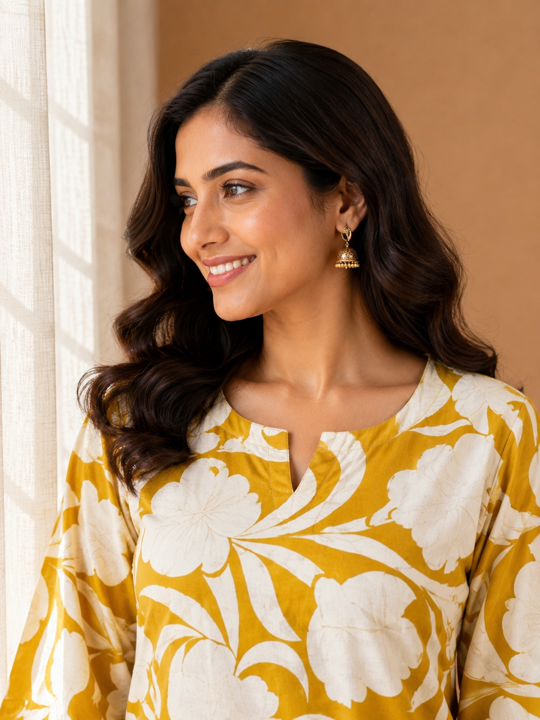 OCHRE YELLOW COTTON FLORAL PRINT CASUAL WEAR